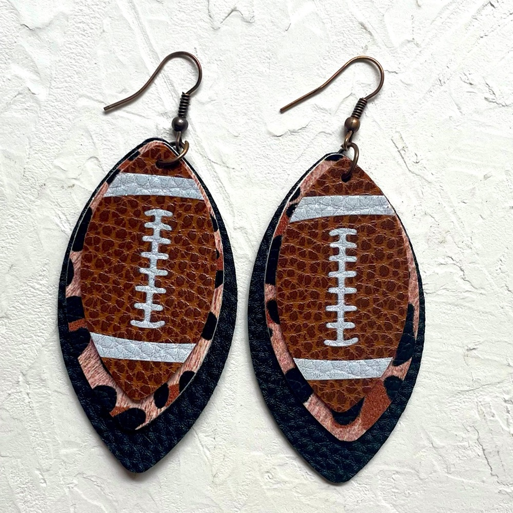 5 for $25 Leopard print soft leather tear drop football earrings